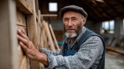 Elderly Man Working with Wood at a Timber Workshop, Focused Craftsmanship in a Rustic Indoor Setting