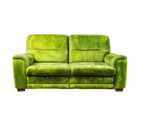 Bright green cozy sofa for modern living room decor on a transparent background, cut out