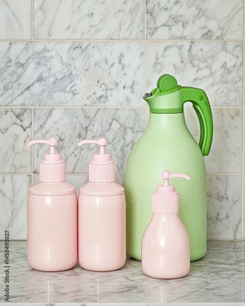 Poster grouping of green and pink bottles displaying a colorful arrangement in a unique and artistic style