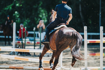 An equestrian rider skillfully guides a horse over hurdles in an outdoor arena, showcasing...