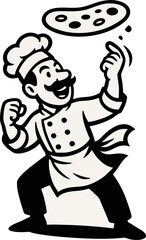 Cheerful Chef Tosses Pizza Dough High In A Dynamic Cartoon Style Illustration With Bold Linework