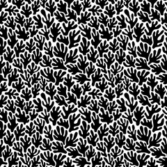 Simple texture with abstract leaves. Black organic shapes on white background. Vector illustration.