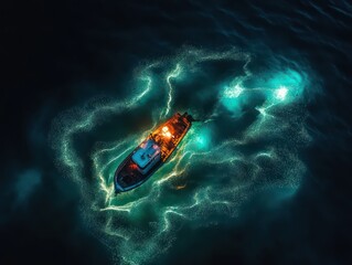 top view of a small fishing boat in the sea at night, around the boat in the water subtle glowing plankton particles
