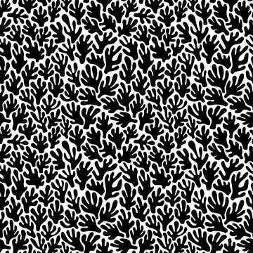 Simple texture with abstract leaves. Black organic shapes on white background. Vector illustration.