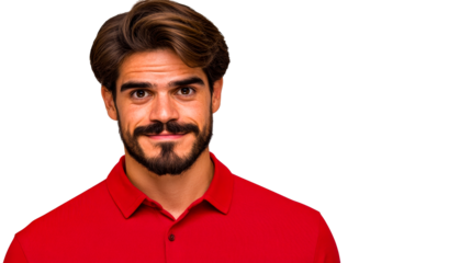 Attractive bearded Hispanic man in red shirt smiles portrait, cut out transparent