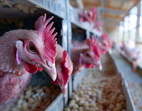 Chickens eat in the  industrial farm