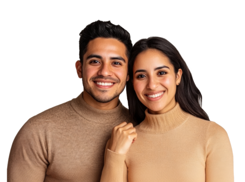 Smiling couple in cozy sweaters embracing each other on a transparent background, cut out - Powered by Adobe