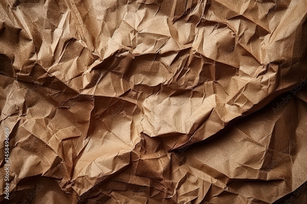 Poster close-up of crumpled brown paper creating a textured, wrinkled surface with deep folds and shadows.