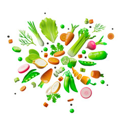 3d dynamic composition of vegetables, whole and sliced, carrot, cucumber, pepper, radish, greens.