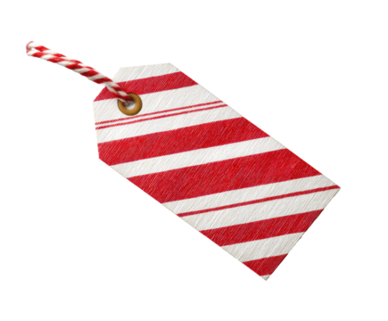Red and white striped gift tag for holiday celebrations and occasions on a transparent background, cut out