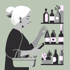 elderly woman shopping for products at market shelves  