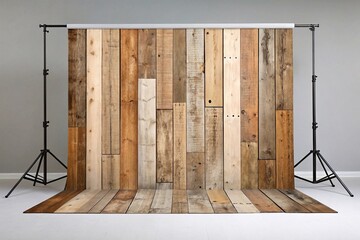 Wooden photo backdrop made of vertically arranged aged boards in various shades of brown and beige.
