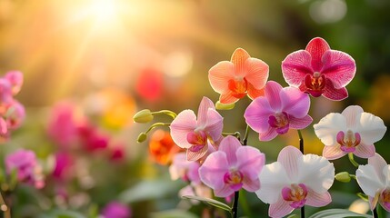 Obraz premium Beautiful orchids blooming in sunlight with vibrant colors and soft bokeh background effects