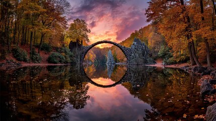 Scenic autumn sunset over rakotz bridge in vibrant azalea and rhododendron park, kromlau, saxony, germany