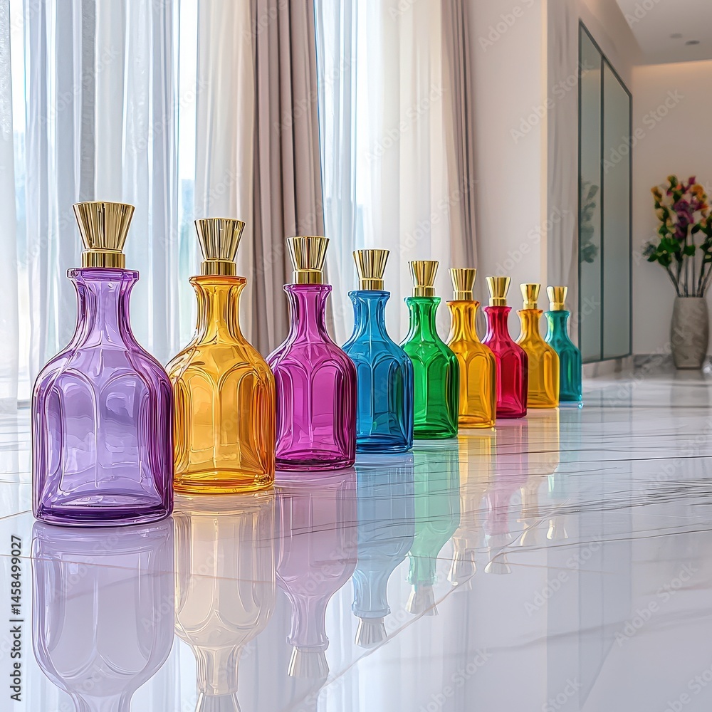 Poster vibrant row of colorful bottles displayed on a shelf creating an eye-catching aesthetic appeal