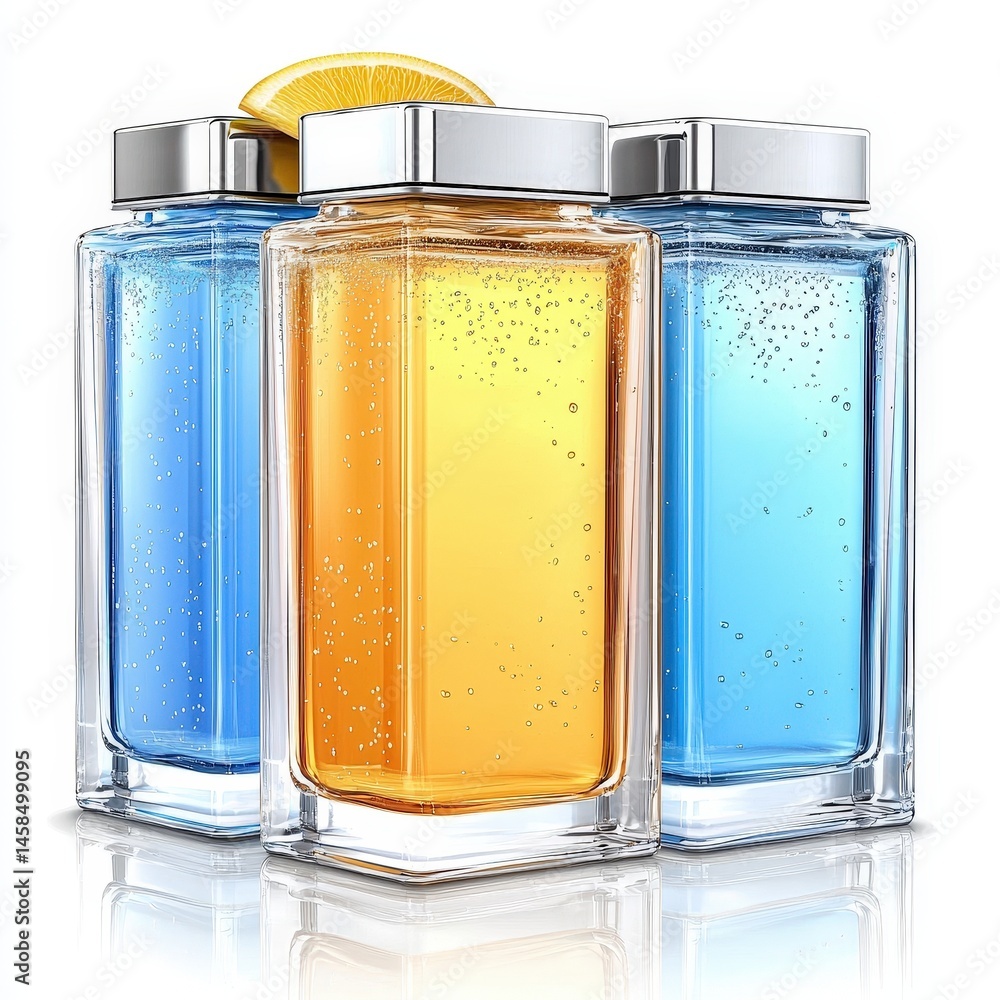 Aufkleber three luxurious bottles of perfume in different colors displayed against a soft neutral background