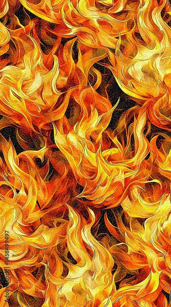 Poster dynamic fire pattern with flames dancing against a dark background creating a sense of energy and wa