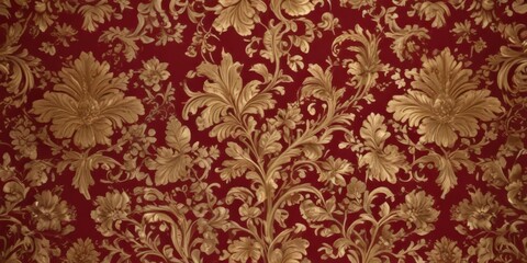 Fototapeta premium Intricate gold leaf floral damask on deep crimson, regal flourishes , floral, royal, embroidery