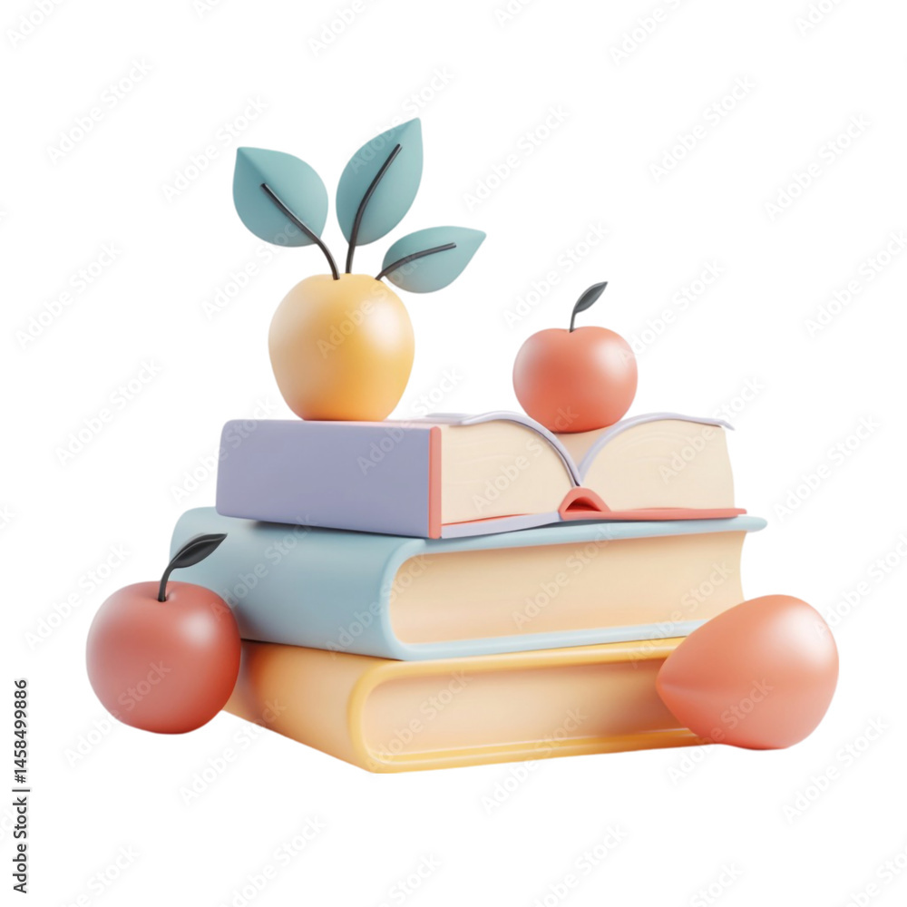 Poster stack of books with apples and fruit a learning concept