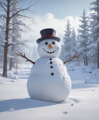 Fototapeta premium Frosty snowman in vast snowscape; winter gear scattered nearby , snowman, snowboard