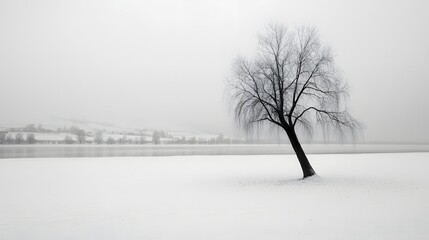 Serene Winter Landscape with Solitary Tree in Snowy Field Under Overcast Sky
