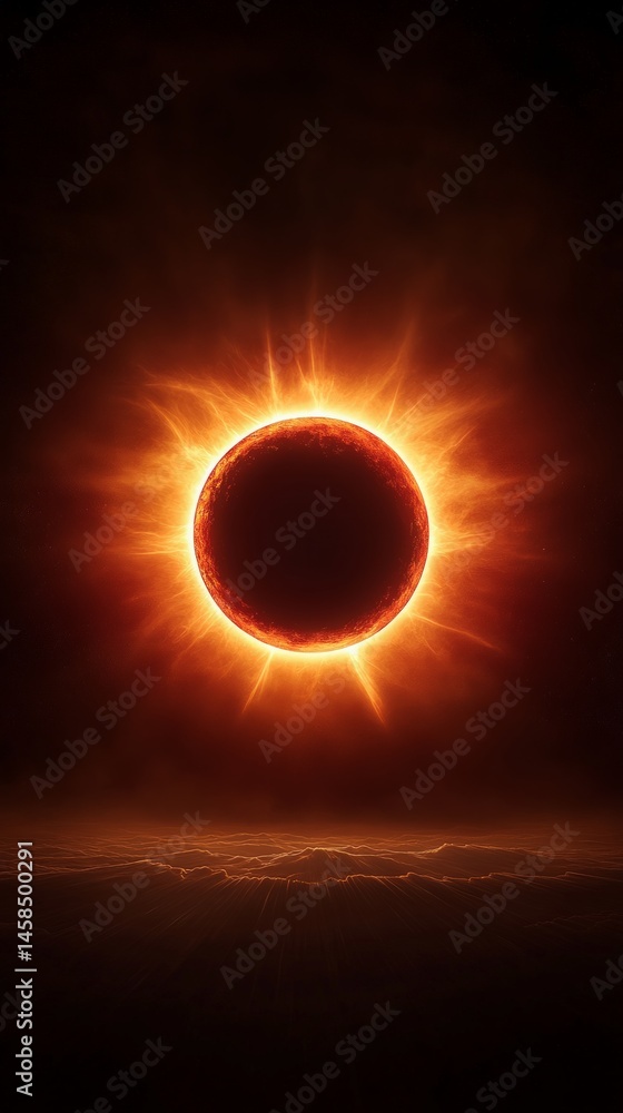 Poster Majestic total solar eclipse is casting a warm glow over a vast mountain range, creating a breathtaking diamond ring effect with the sun's corona blazing around the dark silhouette of the moon
