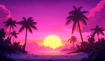 Obraz premium vibrant pink and orange sunset sky with the silhouette of an isolated palm tree, creating a tropical background for travel advertising or vacation