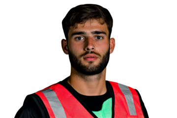 Man in safety vest, waist up, isolated «, cut out transparent"