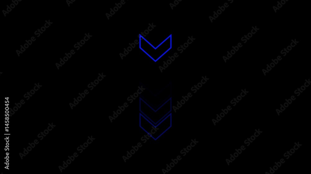 Poster down directing arrow isolated on black background. abstract blue down arrow animation on black backg