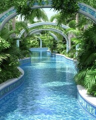 Serene pool surrounded by palm trees underneath a clear blue sky with reflections on water surface