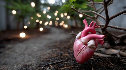 Artistic 3D rendering of a realistic human heart placed outdoors on ground with blurred lights in background