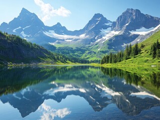 Fototapeta premium Stunning mountain landscape with clear lake reflections in summer