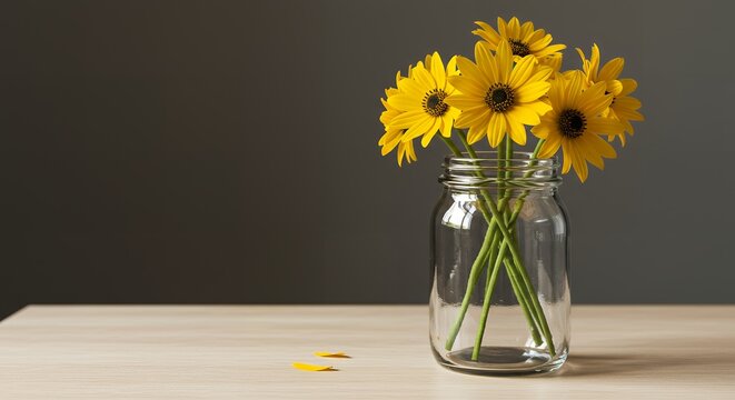 Yellow Flowers in a Vintage Vase on Wooden Surface, Isolate background