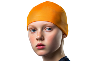 Blonde model with swimming cap looking at camera, cut out transparent