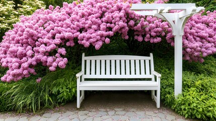 Serene White Bench Under Vibrant Pink Flowering Bush in Garden Setting