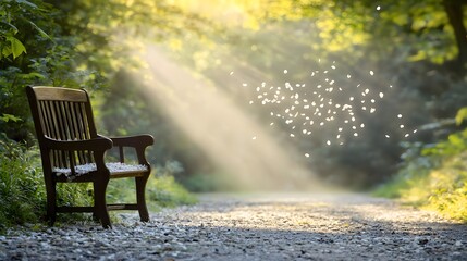 Fototapeta premium Serene Park Bench Surrounded by Sunlit Forest and Floating Petals