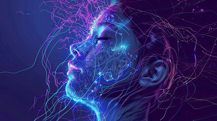 Futuristic AI woman face with holographic elements, glowing neural network lines, abstract digital background, blue and purple tones
