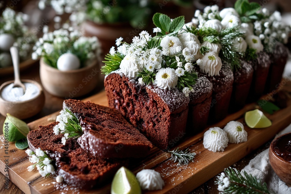 Poster flourless chocolate cake adorned with delicate white flowers and lime slices creating an elegant des