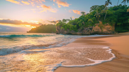 Scenic view of tropical beach at sunrise, soft pastel sky, golden light reflecting on ocean waves, empty sandy shore, peaceful atmosphere