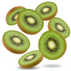 Fototapeta premium Sliced kiwi floating in midair with light reflections and juicy textures, isolated on a transparent white background