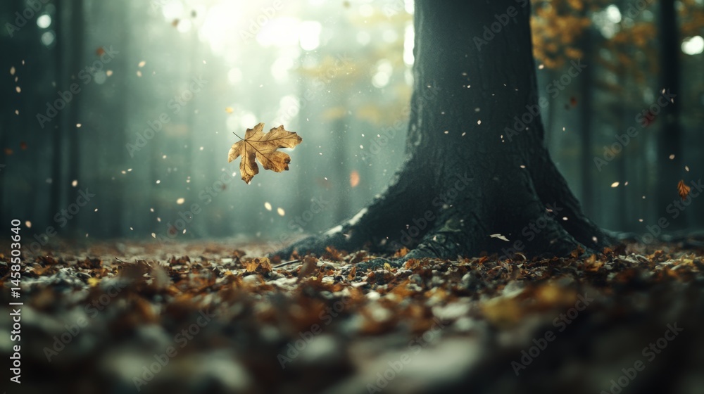 Poster Golden leaves are falling from trees in a misty forest, creating a serene and magical autumn atmosphere with sunlight filtering through the canopy