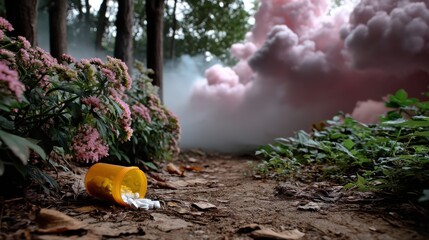 Spilled prescription pills on forest path with pink flowering bushes and smoke in background