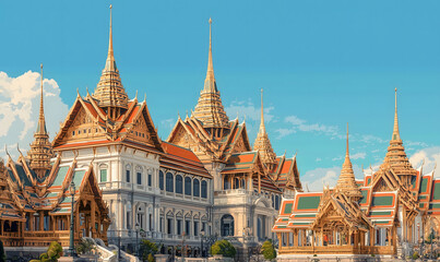 Obraz premium The Temple of the Emerald Buddha and the Grand Palace, Bangkok, Thailand in illustrations, presentation images, travel image ideas, tourism promotion, postcards, generative AI