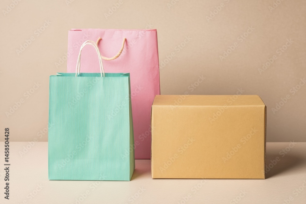 Poster Pastel Paper Shopping Bag and Cardboard Box Placed Side by Side on a Light Surface for an Appealing Retail Display Generative AI
