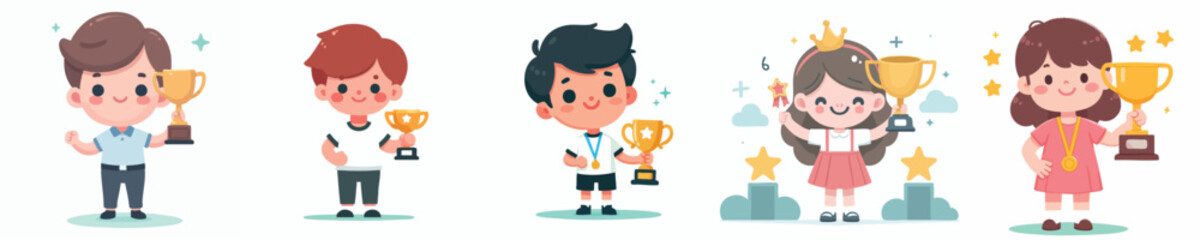 vector boy and girl lifting trophy