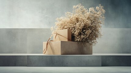 Minimalist Gift Box Arrangement with Dried Flowers and Soft Background