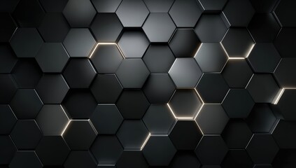 A futuristic dark hexagonal pattern with subtle lighting highlights, creating a sleek and modern geometric background.