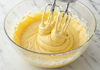 An electric hand mixer blends batter in a glass bowl, preparing for baking delicious treats.