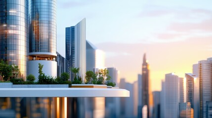 Obraz premium Modern skyscrapers with lush greenery at sunset in a vibrant urban setting.