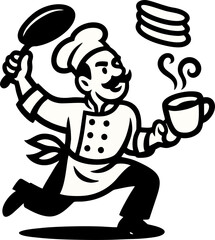 Animated Chef Dashes Balancing A Pan Pancakes And Steaming Coffee With Energetic Flair